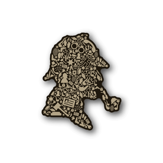 Vinyl sticker of Sherlock Holmes silhouette filled with small icons, brown