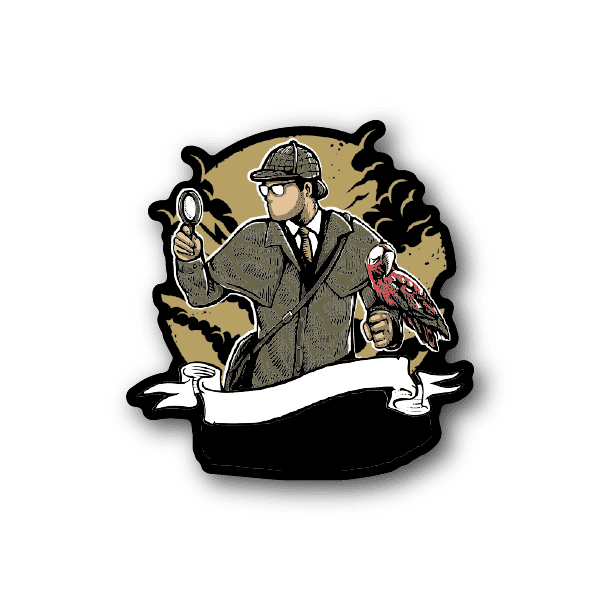 Vinyl sticker of Sherlock Holmes with magnifying glass and red bird
