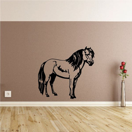 Shetland pony standing wall decal, black and white horse figure with raised tail
