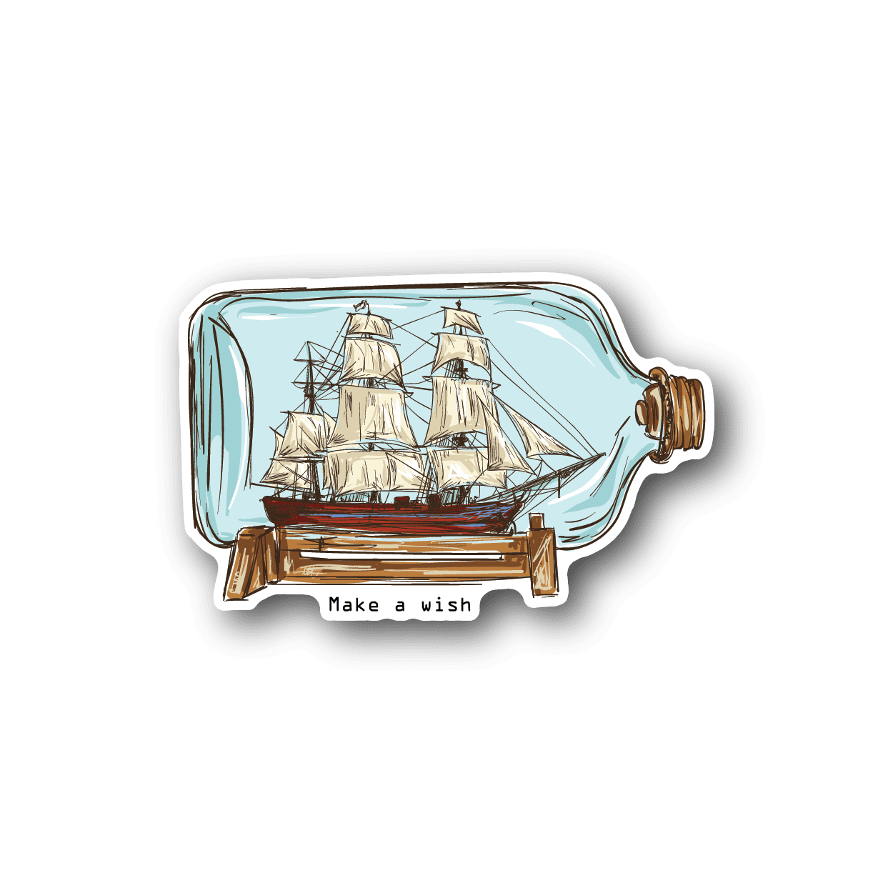 Vinyl sticker showing a sailboat in a bottle, brown cork, and Make a wish text