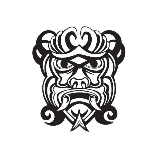 Stylized tiki face decal in black and white, with curled headdress and central emblem