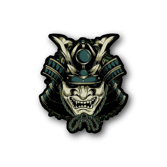 Shogun warrior mask vinyl sticker with horned helmet and teal gem