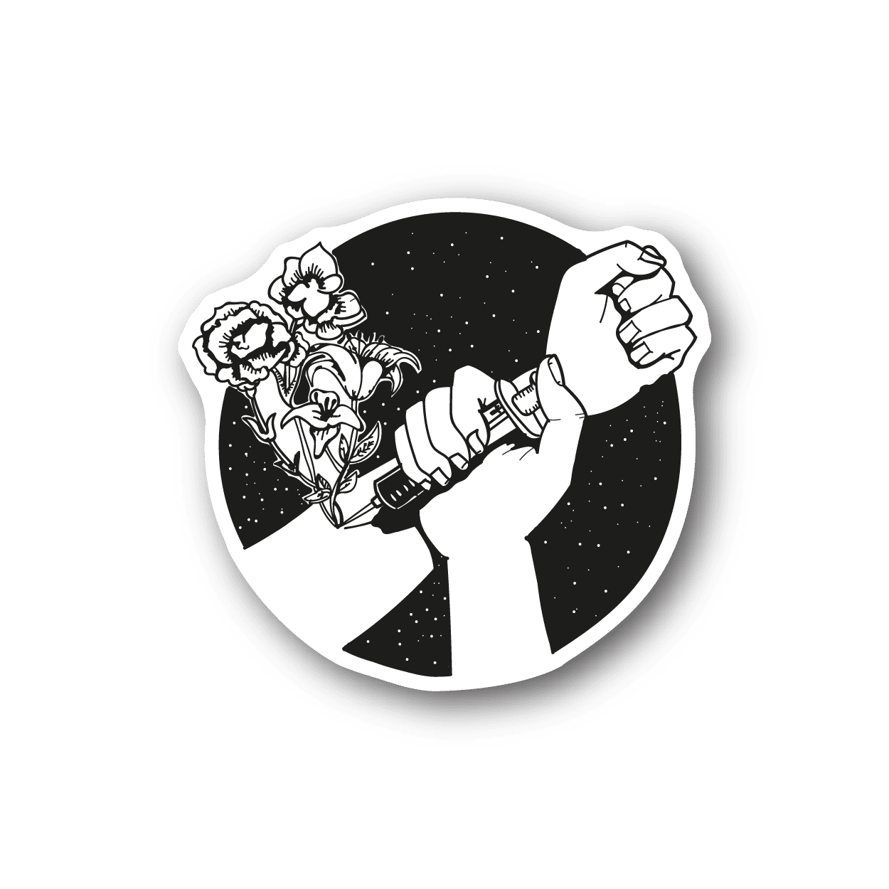 Vinyl sticker featuring black-and-white hands holding a spray bottle over flowers