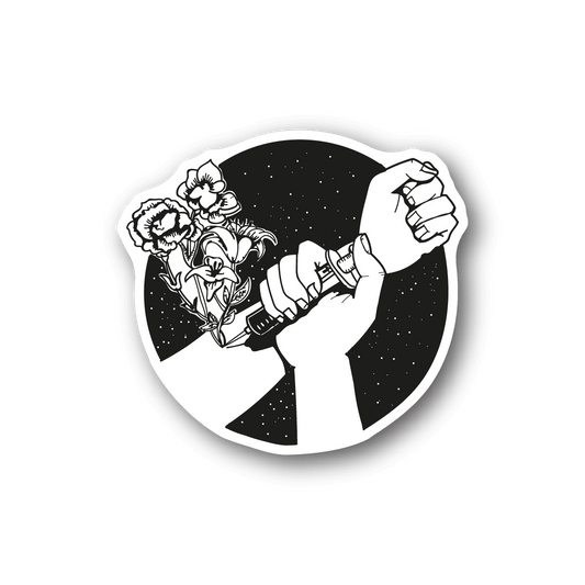 Vinyl sticker featuring black-and-white hands holding a spray bottle over flowers