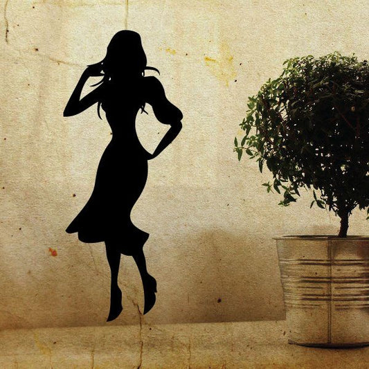 Black fashion girl dress decal, posing with one hand near hair and heels