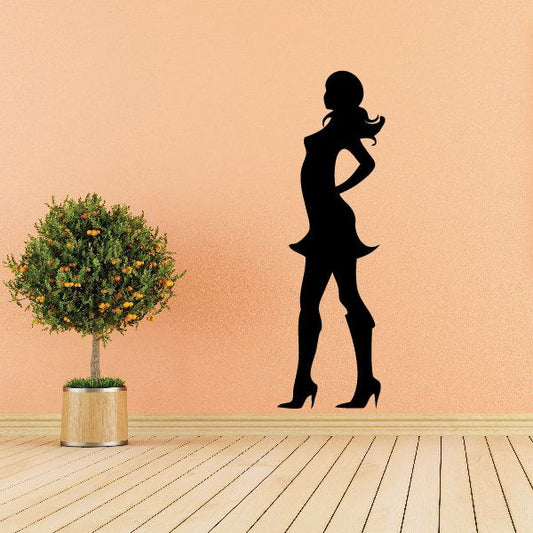 Woman in dress wall decal, side profile silhouette