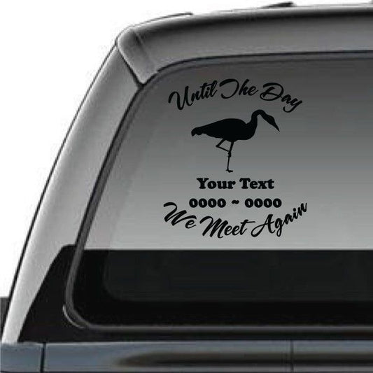Memorial car window decal with bird silhouette and script text