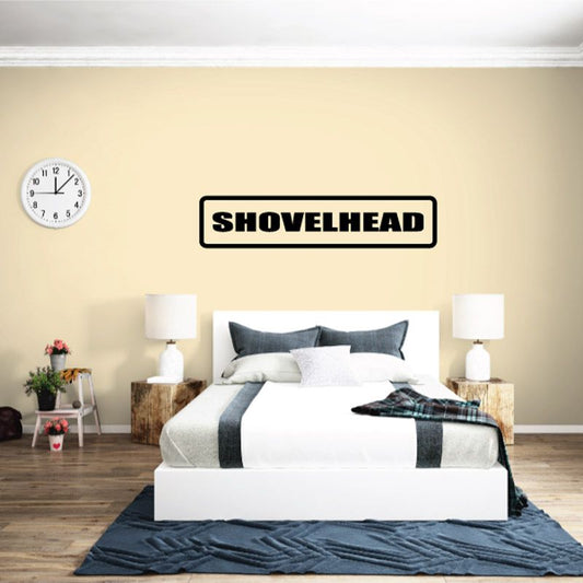 Shovelhead decal with black outline and bold white SHOVELHEAD text