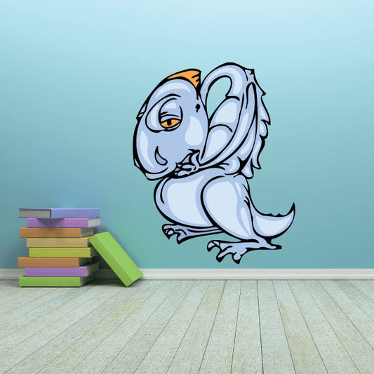 Sick dinosaur sticker, cartoon blue and white dinosaur with orange mark on head
