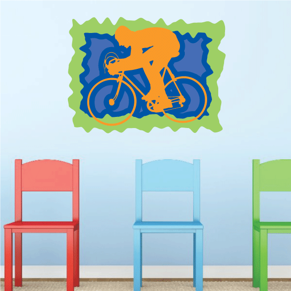 Cyclist sticker with side-view orange and blue bike illustration