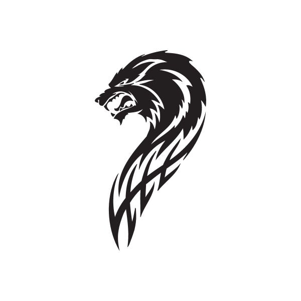 Menacing wolf decal, black tribal-style profile head