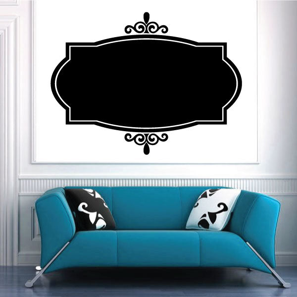 Scalloped black banner signage frame decal with ornate top and bottom ornaments