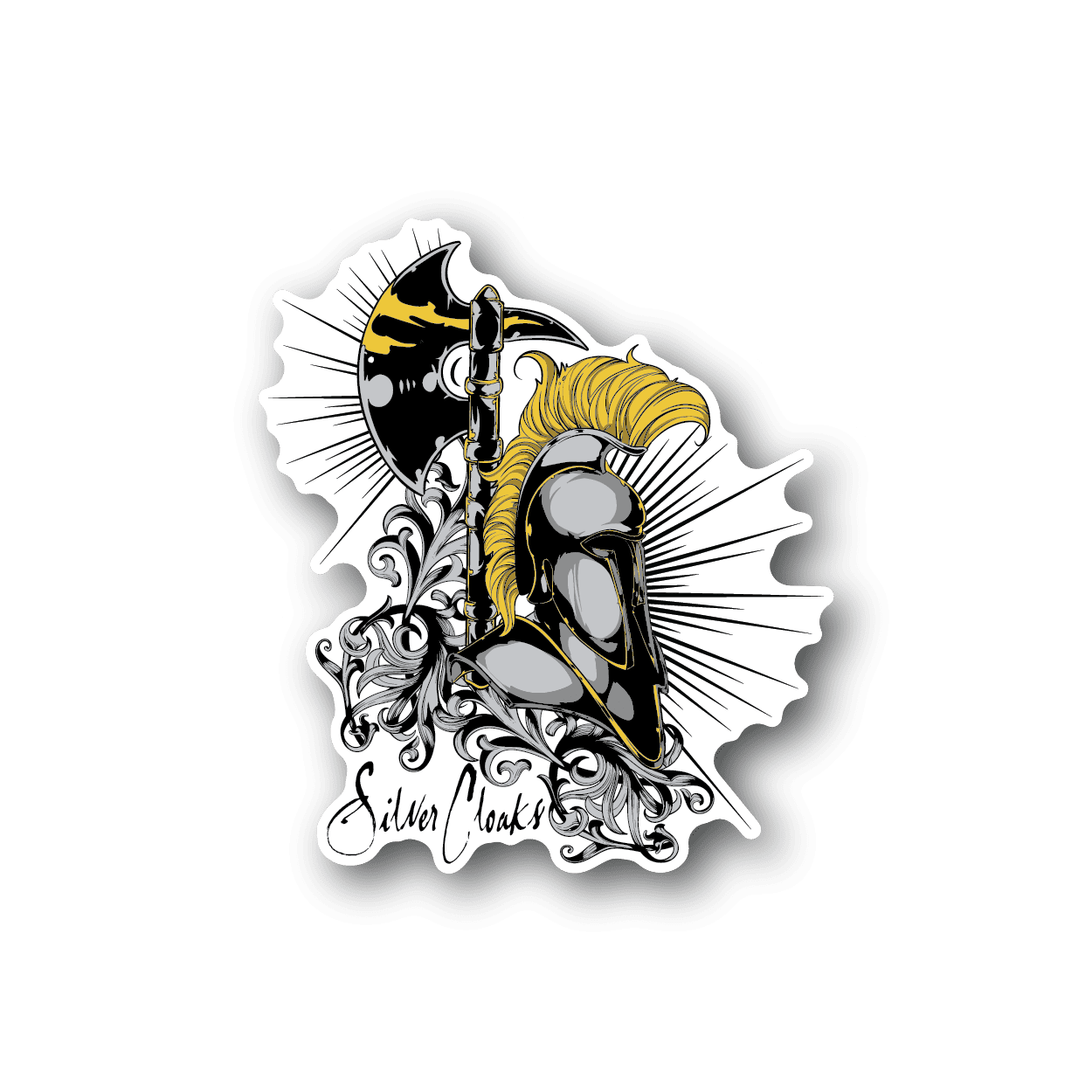 Knight vinyl sticker with silver armor, yellow plume, and decorative white flourish