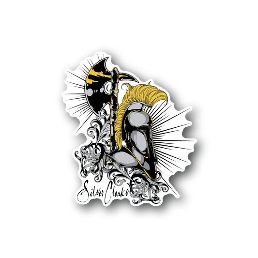 Knight vinyl sticker with silver armor, yellow plume, and decorative white flourish