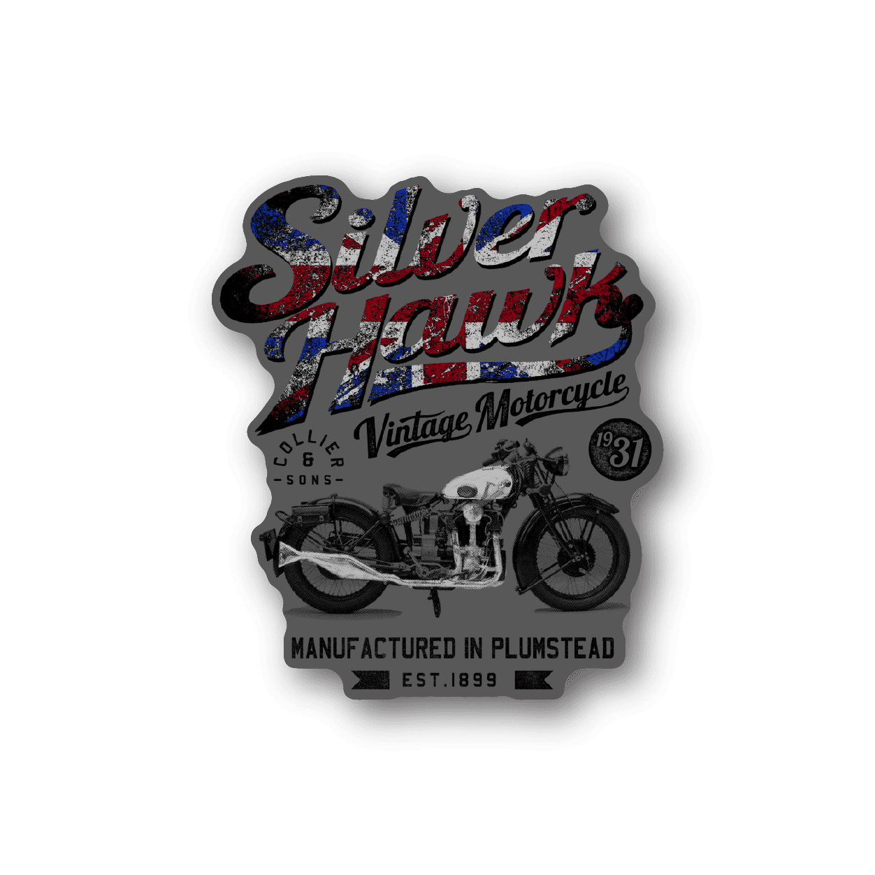 Vintage motorcycle vinyl sticker with colorful lettering and motorcycle graphic