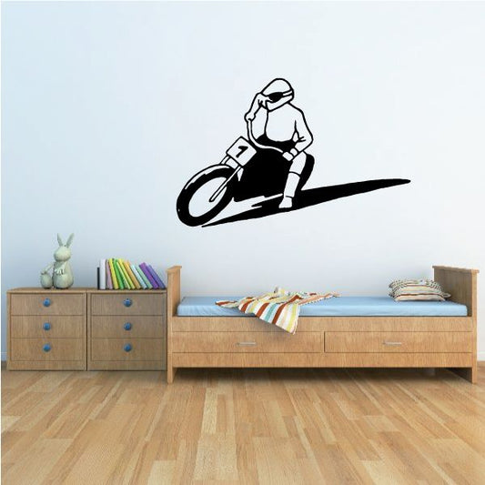 Motorcycle racer wall decal with black outline and sweeping track line