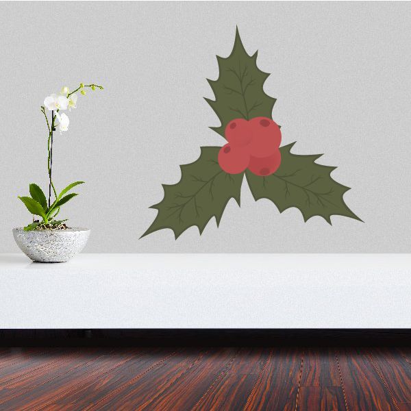 Holly berry and leaf wall decal with red berries and green leaves