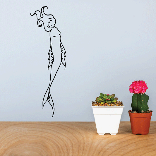 Black mermaid outline wall decal with flowing hair and tail