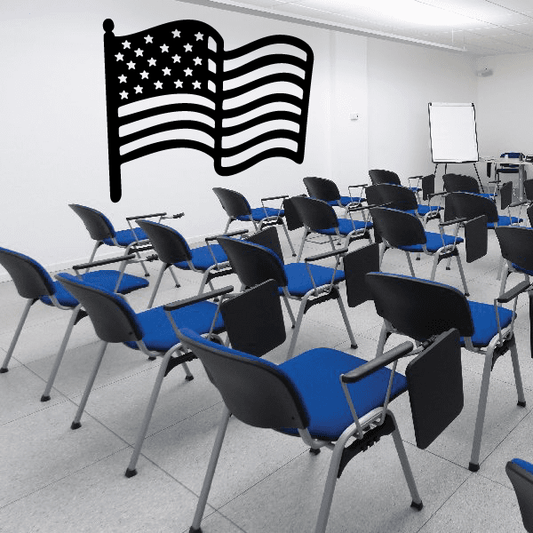 Waving American flag decal, black stars and wavy stripes with a ribbon outline
