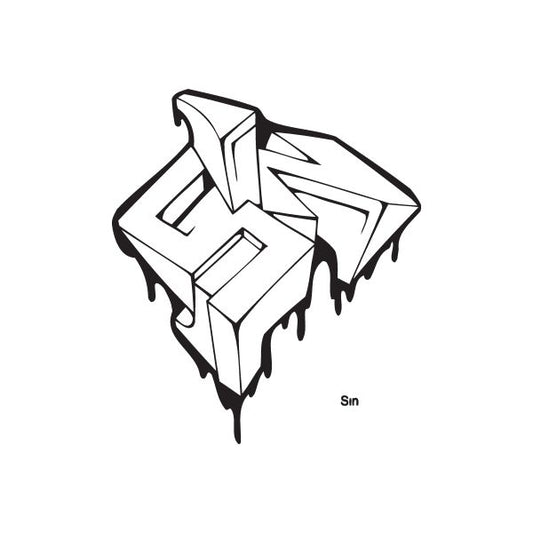 Graffiti-style wall decal with white and black abstract lettering on clear backing