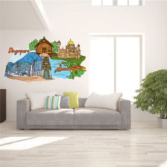 Singapore skyline wall sticker with colorful buildings and harbor bay illustration
