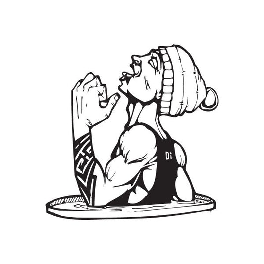 Black-and-white gangster vinyl decal of person holding microphone on platform