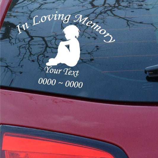 Memorial car decal: seated boy silhouette with In Loving Memory white text