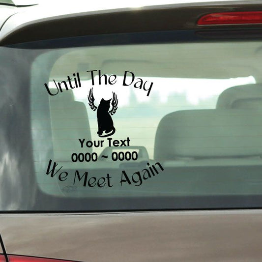 Winged cat memorial car decal with 'We Meet Again' text