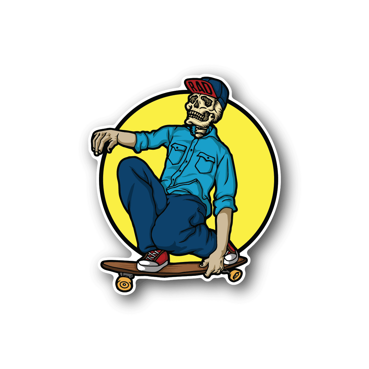 Skeleton skateboard vinyl sticker in blue hoodie on yellow circle