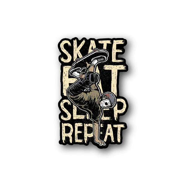 Vinyl sticker with skateboarder graphic and 'SKATE SLEEP REPEAT' lettering
