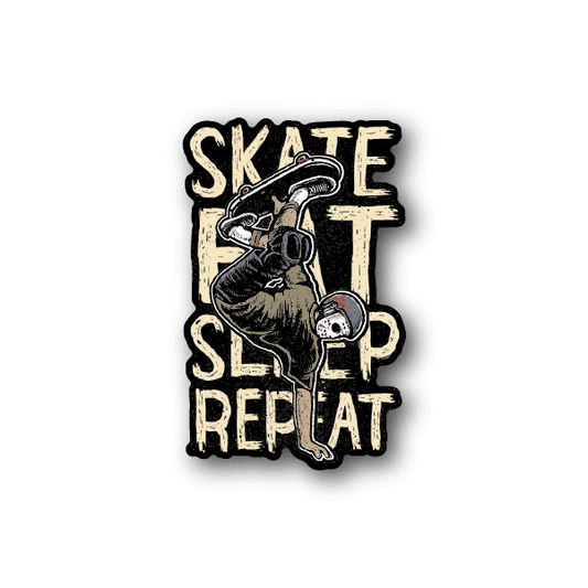Vinyl sticker with skateboarder graphic and 'SKATE SLEEP REPEAT' lettering
