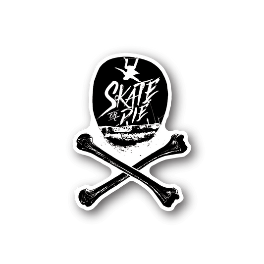 Vinyl sticker with white crossbones and skateboard graphic, bold outline