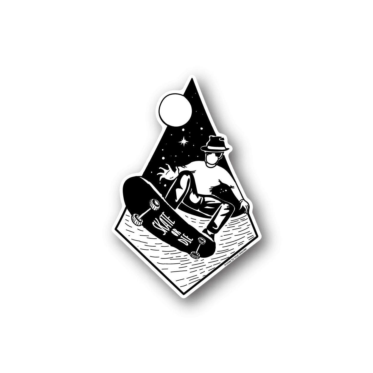 Diamond vinyl sticker with skate scene illustration and white border
