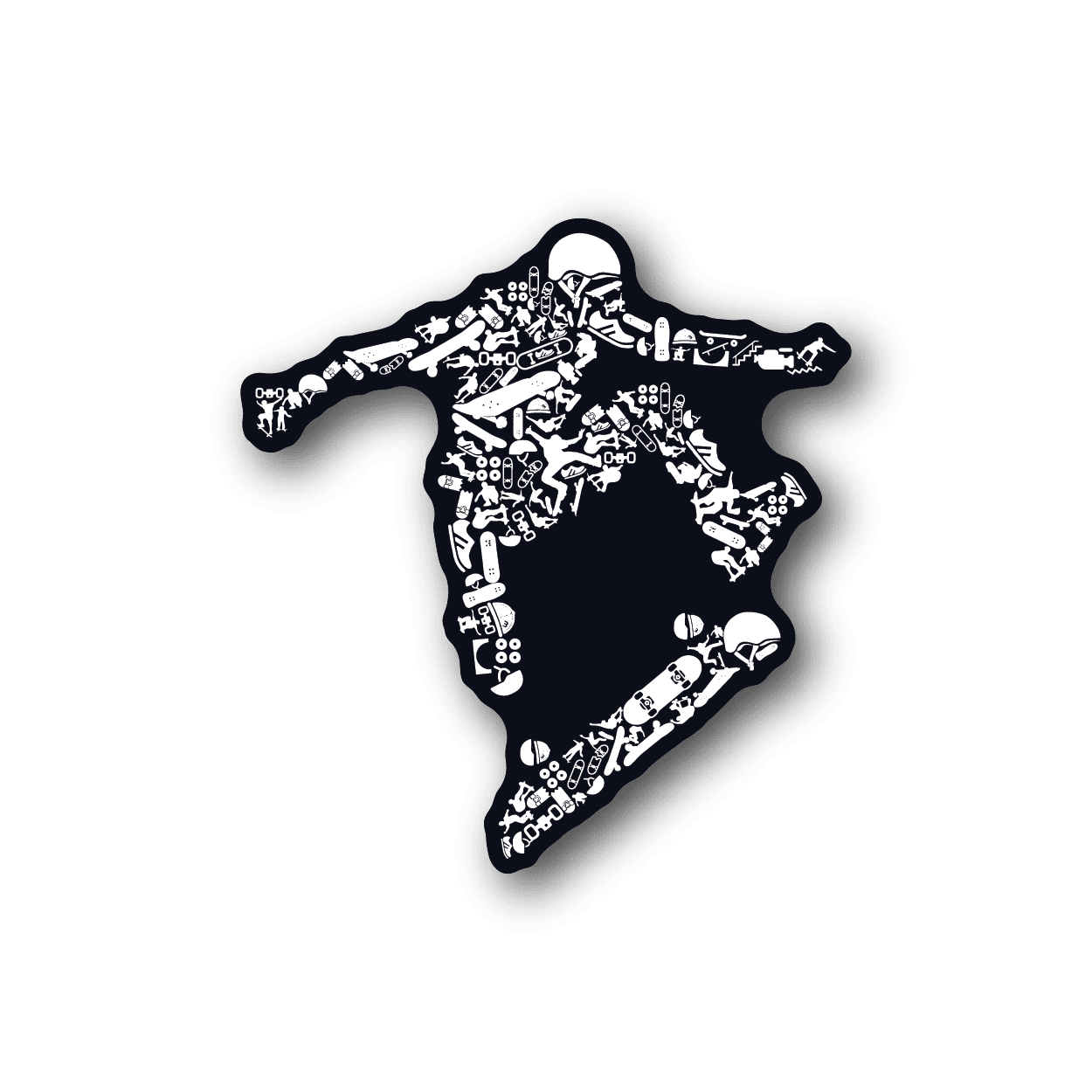Vinyl skateboard kickflip collage sticker, white lines on dark blue background