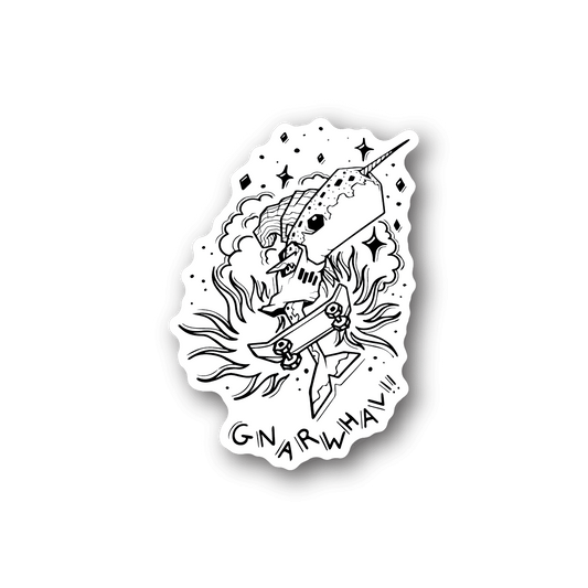 White skateboarding whale vinyl sticker with skateboard in ocean waves