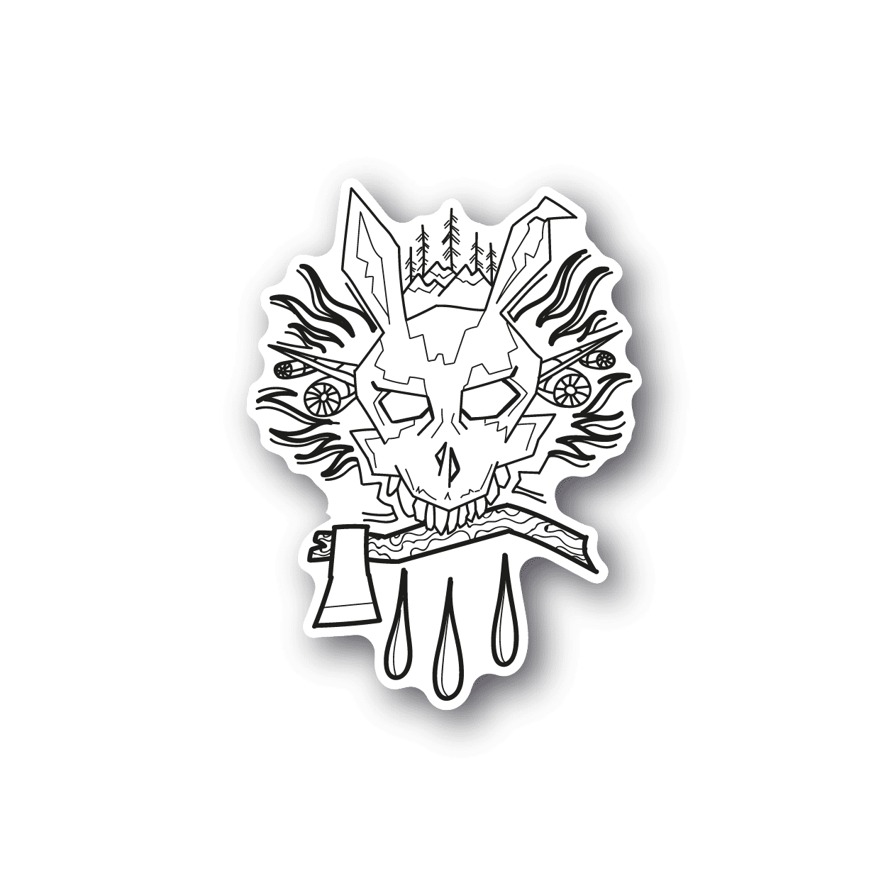 Rabbit vinyl sticker with white line-art face and hands on dark background.