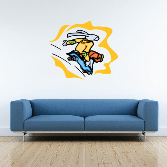 Skateboarding wall decal sticker with cartoon skater in yellow burst, die-cut vinyl