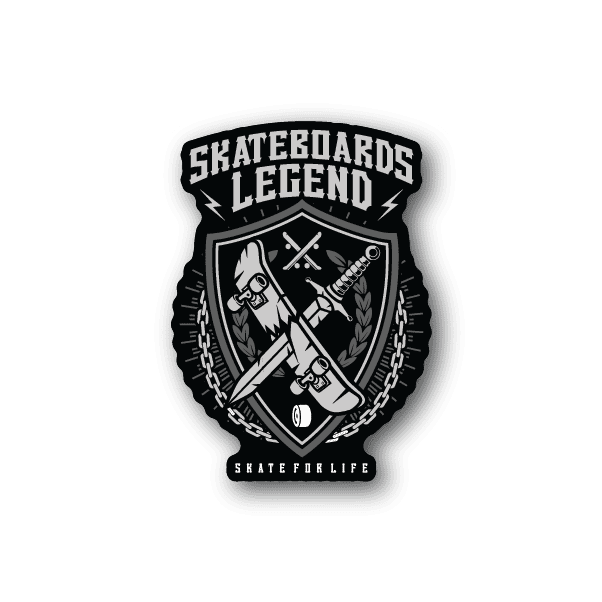 Legend skateboard vinyl sticker, black shield crest with skateboard, laurel, chains.