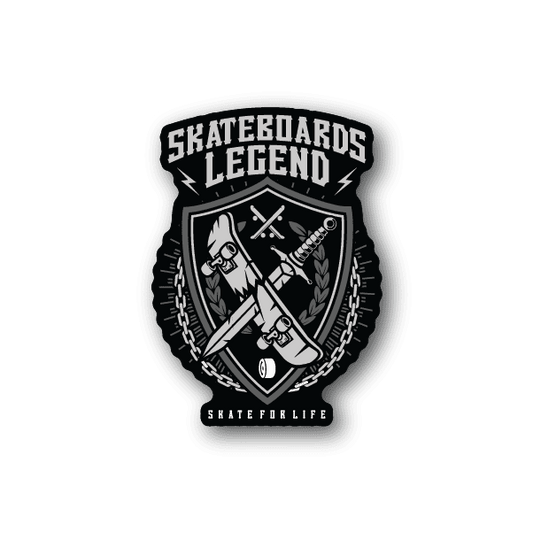 Legend skateboard vinyl sticker, black shield crest with skateboard, laurel, chains.