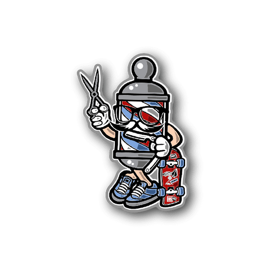 Skaterboarding barber vinyl sticker: cartoon barber holding scissors near skateboard