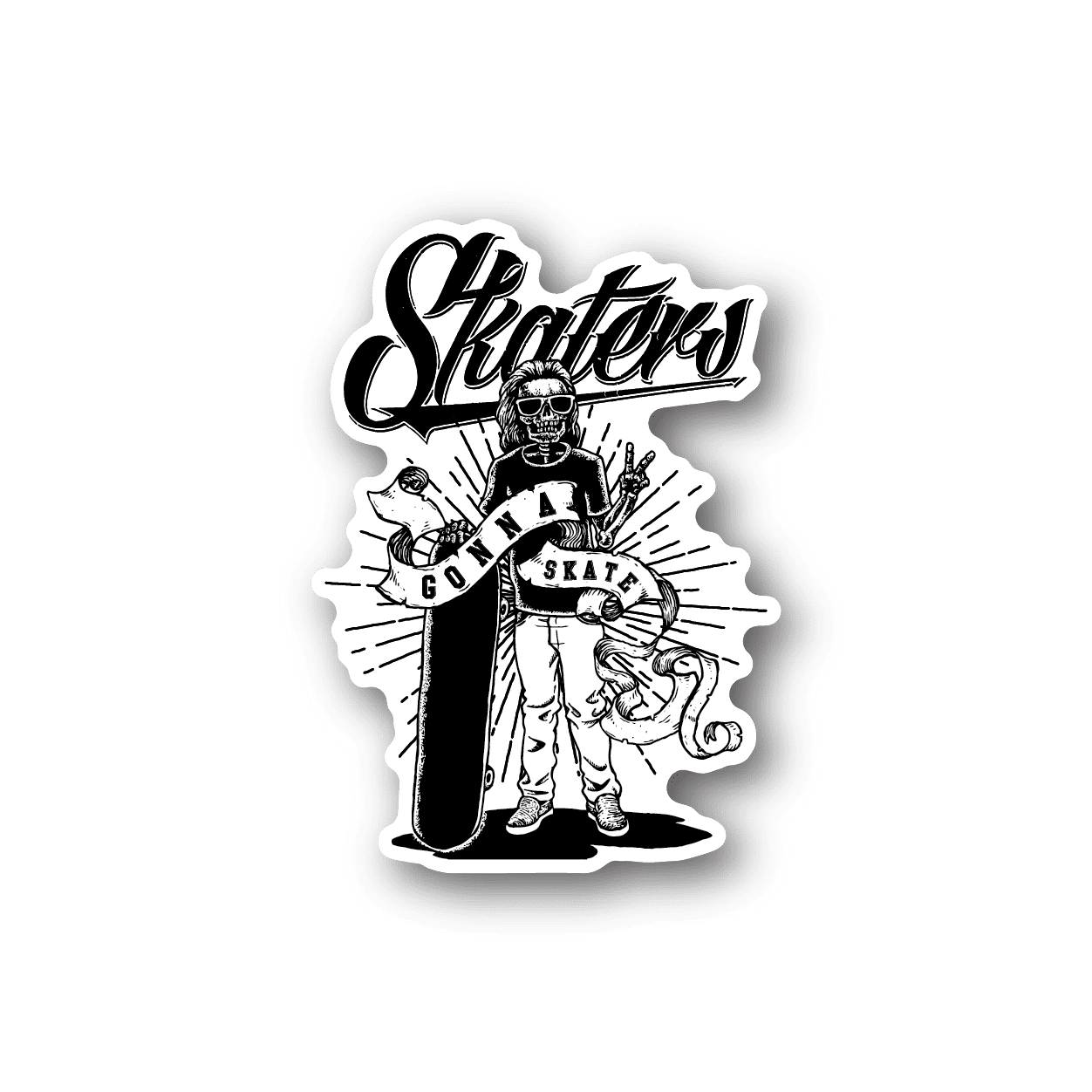 Skateboarding vinyl sticker with white cartoon skater graphic and bold script text