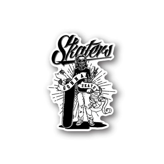 Skateboarding vinyl sticker with white cartoon skater graphic and bold script text