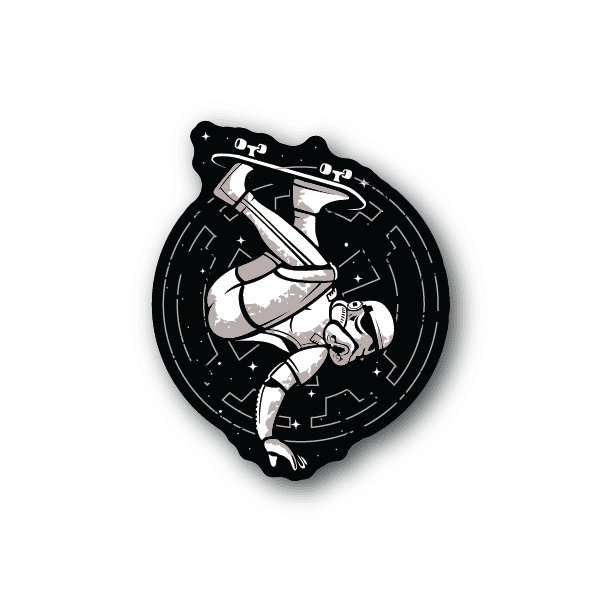 Skatetrooper skateboard vinyl sticker, black-and-white trooper skating design