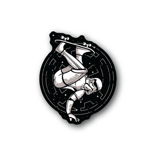 Skatetrooper skateboard vinyl sticker, black-and-white trooper skating design