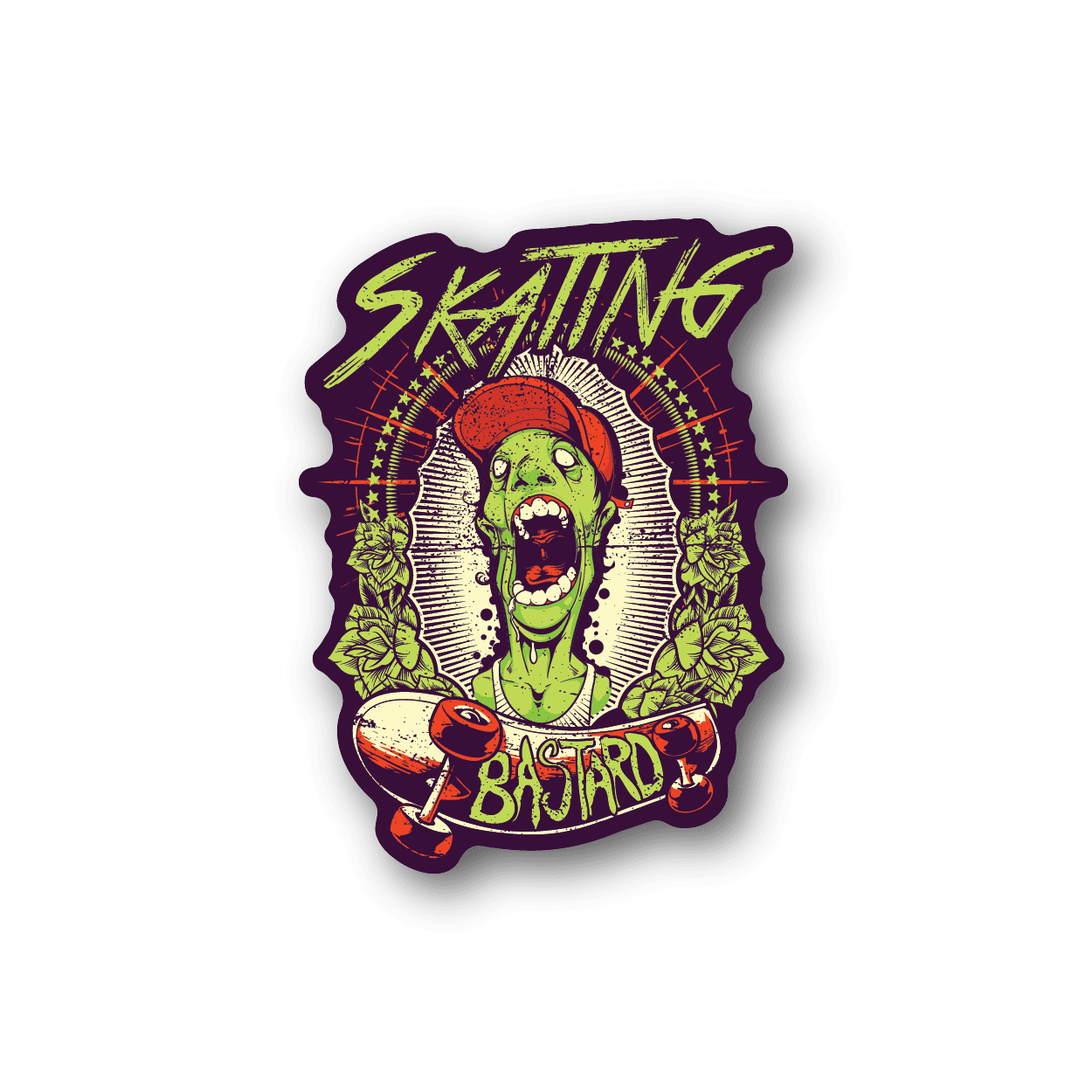 Purple cartoon monster vinyl sticker with raised outline and Bastard text