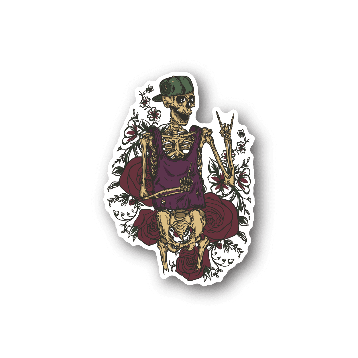 Vinyl sticker with skeleton man, green cap, purple outfit, and roses graphic