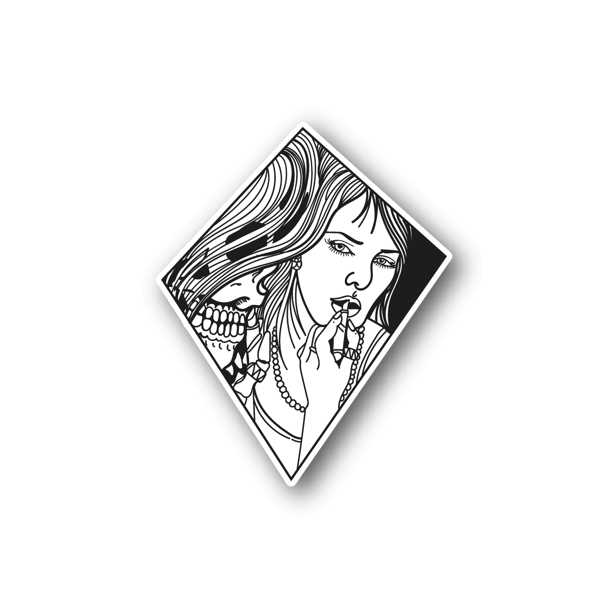 Vinyl sticker with black-and-white skeleton lady illustration in diamond frame
