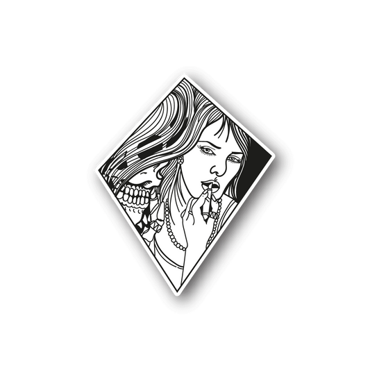 Vinyl sticker with black-and-white skeleton lady illustration in diamond frame