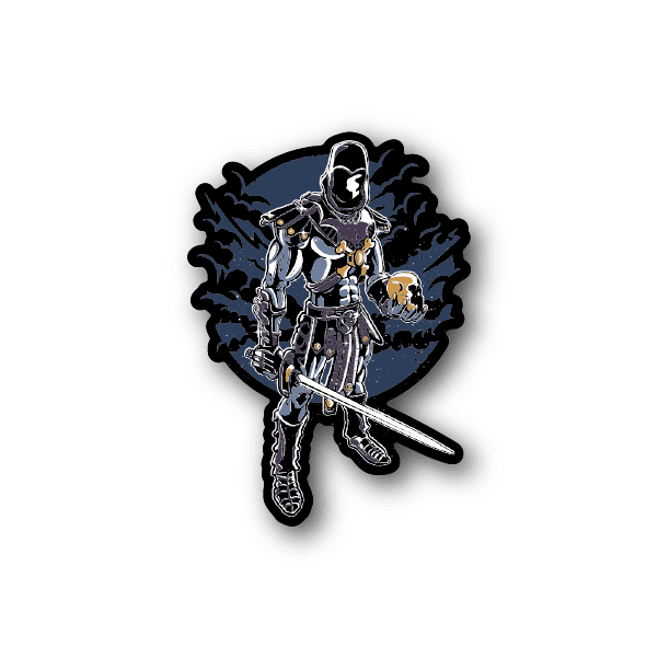 Skeleton king vinyl sticker, silver skeleton with gold crown and sword graphic