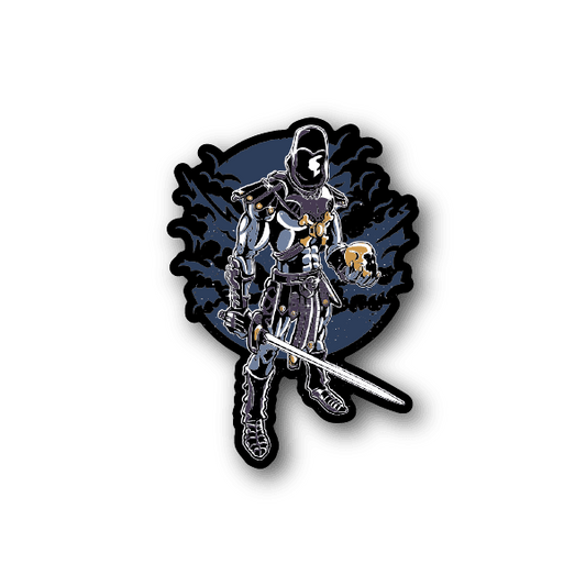 Skeleton king vinyl sticker, silver skeleton with gold crown and sword graphic